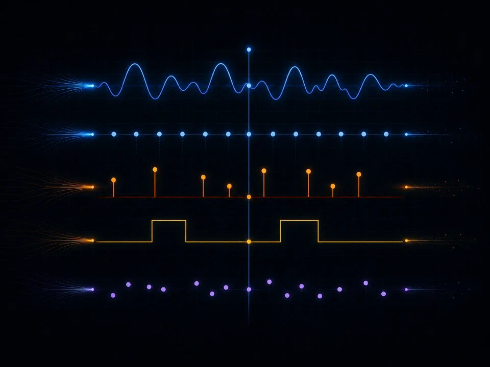 Five distinct signal types stacked: continuous waveform, regular samples, irregular events, digital states, sparse measurements