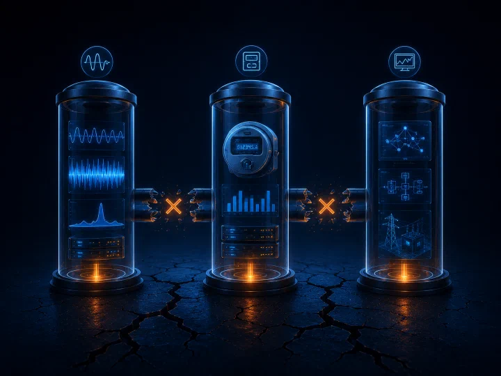 Three sealed glass cylinders containing PMU, AMI, and SCADA data, with broken connectors between them, illustrating proprietary stacks that cannot share data.